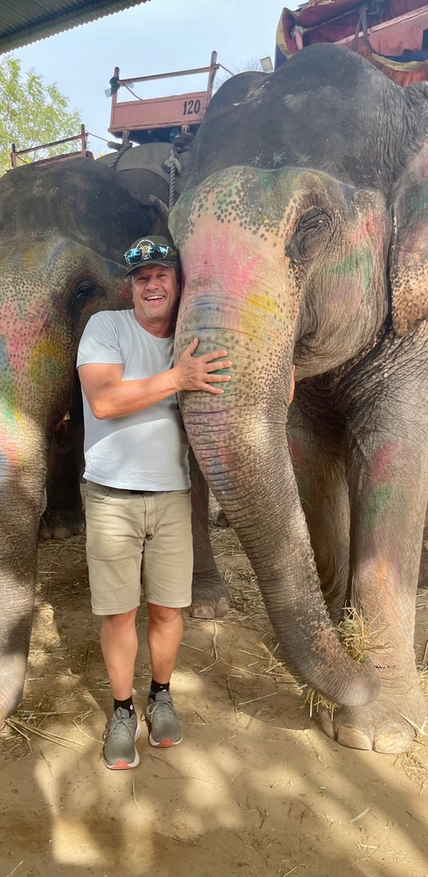 Person hugging an elephant with colored designs on its skin.