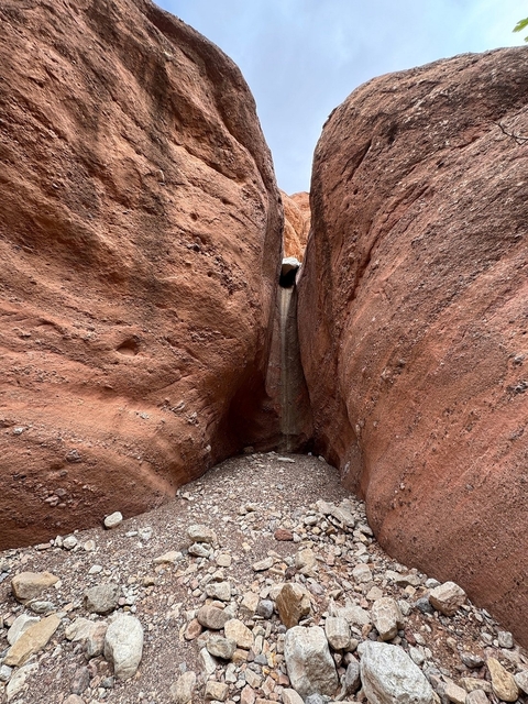       Narrow canyon with tall, smooth rock walls.
  