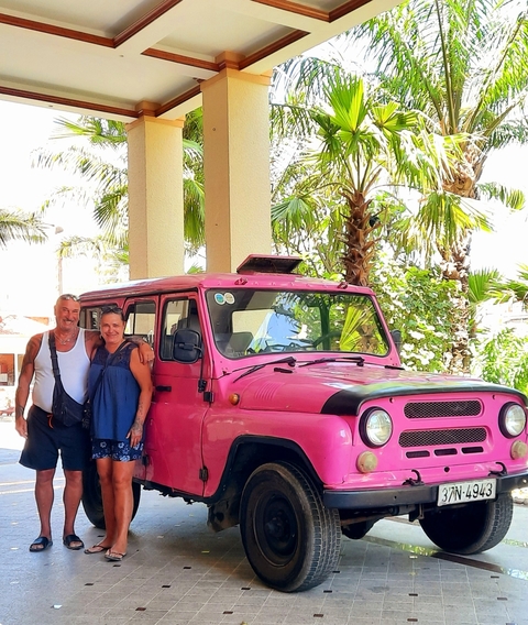       Couple posing beside a pink vehicle in a palm tree-lined area.
  