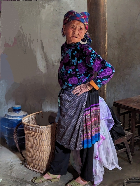       Elderly woman in colorful traditional clothing standing indoors.
  