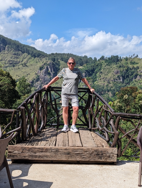       Man posing at a wooden lookout point with lush greenery.
  