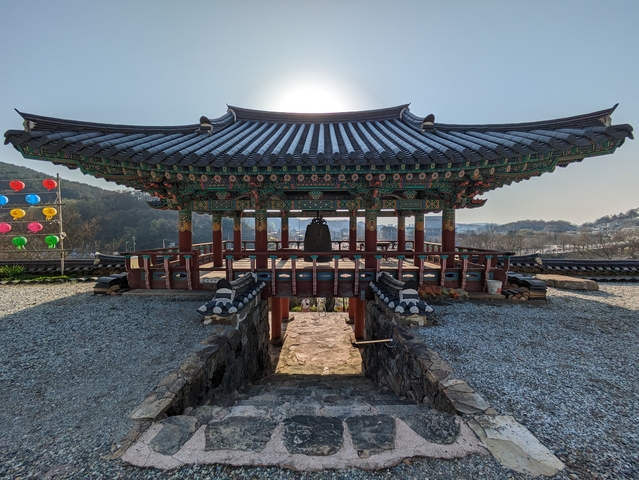 Traditional Korean pavilion with intricate decorations.