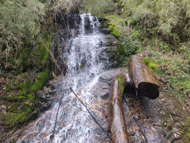       Small waterfall flowing over rocky surface
  