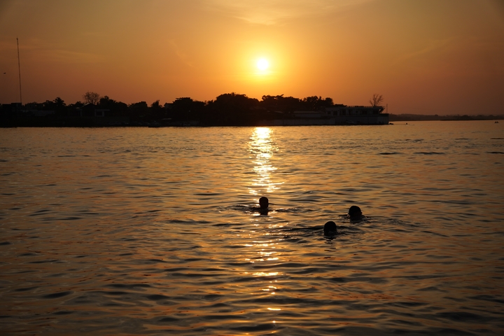 Sunset silhouette of swimmers in the ocean.