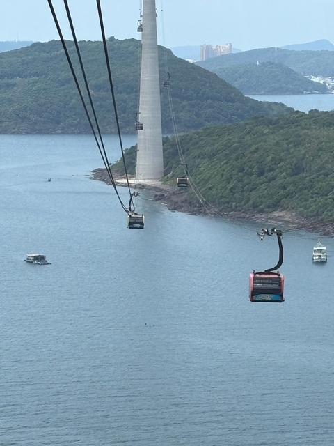       Cable cars over a body of water and coastline.
  