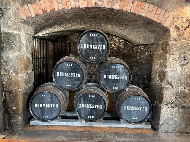       Barrels labeled 'BURMESTER' stacked in a stone wine cellar.
  