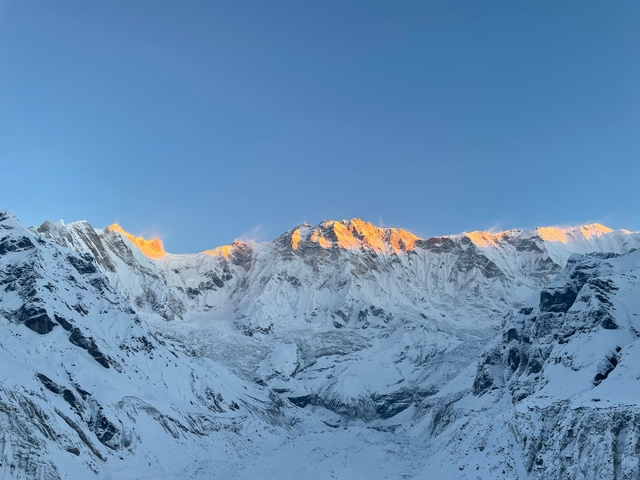 Magnificent view of sunrise over the snow-capped Annapurna range.