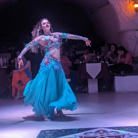       Belly dancer performing in a brightly colored costume.
  