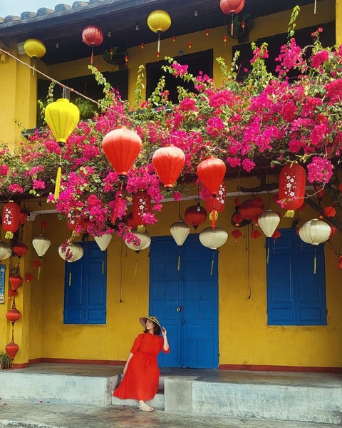 Red lanterns hanging among vibrant pink flowers.