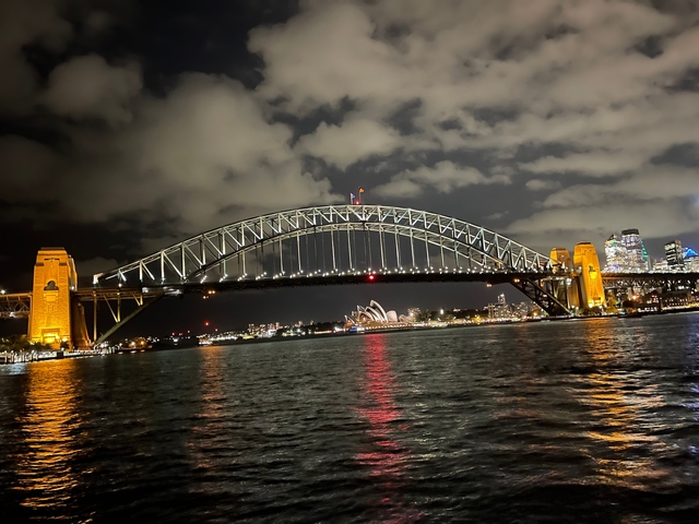 Iconic bridge with a city skyline in the background.