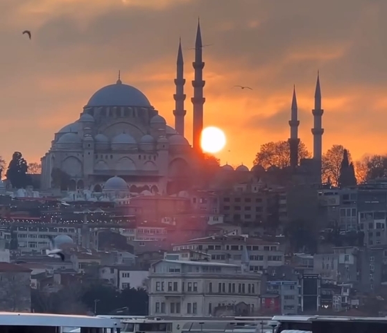       Sunset view of a mosque with minarets in a cityscape.
  