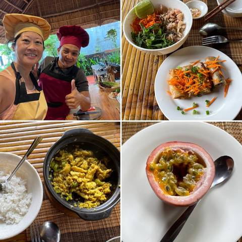 Collage of food and people enjoying cooking.