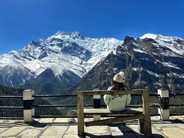       Person seated on a bench overlooking snow-capped mountains.
  
