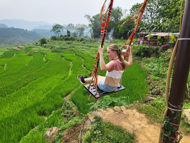 Person on a swing in front of rice terraces.
