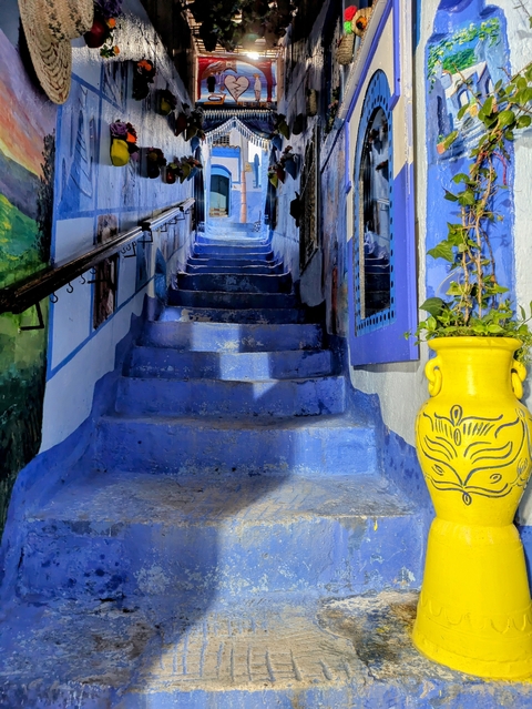       Colorful blue stairs in Chefchaouen.
  
