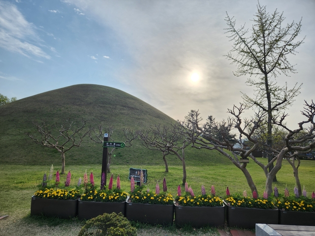 Grassy mound with flowerbed and trees in the foreground.