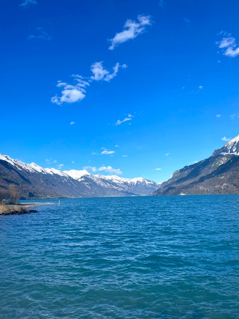 A clear blue lake with snow-capped mountains in the background.