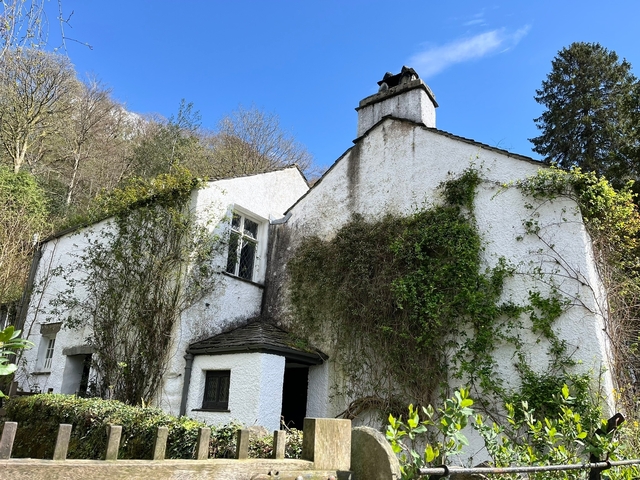An old white cottage with ivy growing on its walls.