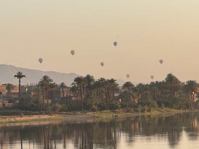 Hot air balloons over a village and palm trees alongside a river.