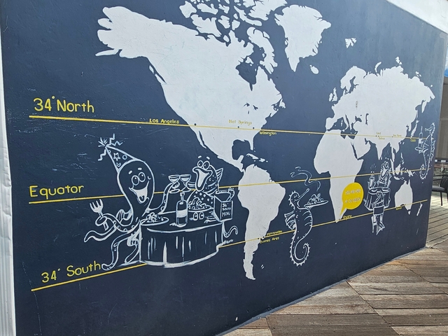 A world map mural with cartoon characters celebrating at different locations.