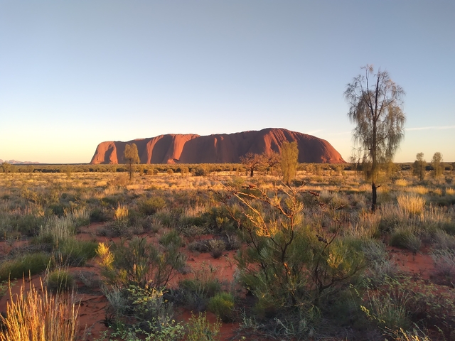       Uluru rock formation at sunset in a desert landscape.
  
