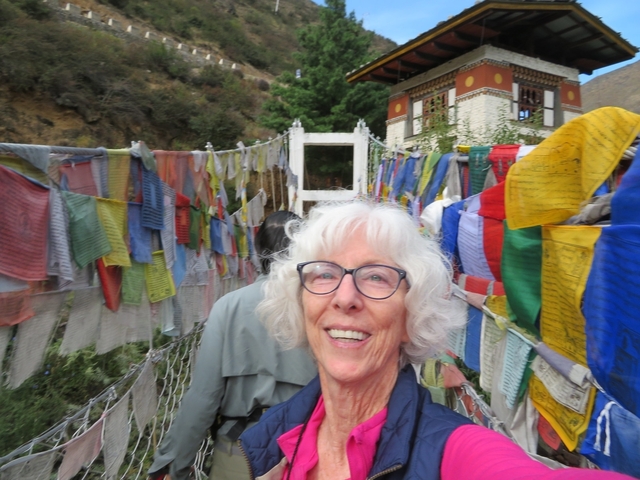 Portrait of a person with colorful prayer flags.