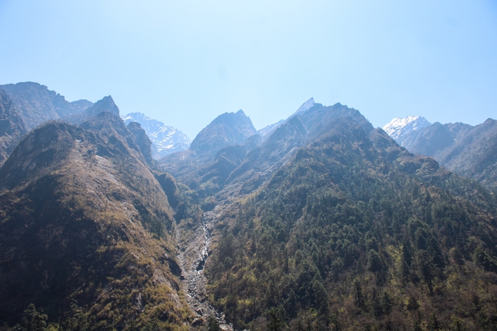 Mountain range with blue sky in background.