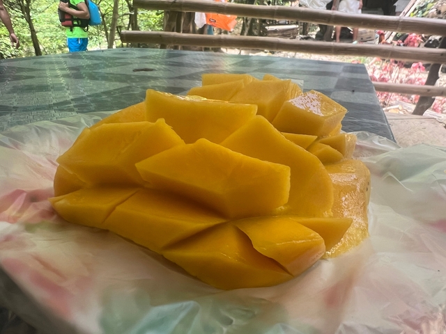       A close-up of sliced yellow mango on a table.
  