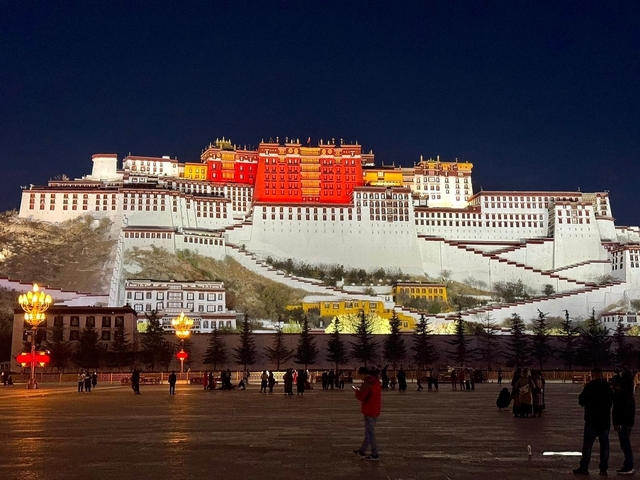 The Potala Palace illuminated at night with visitors in the foreground.