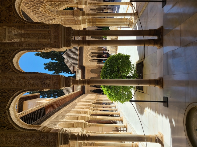 Ornate architectural courtyard with columns and a garden.