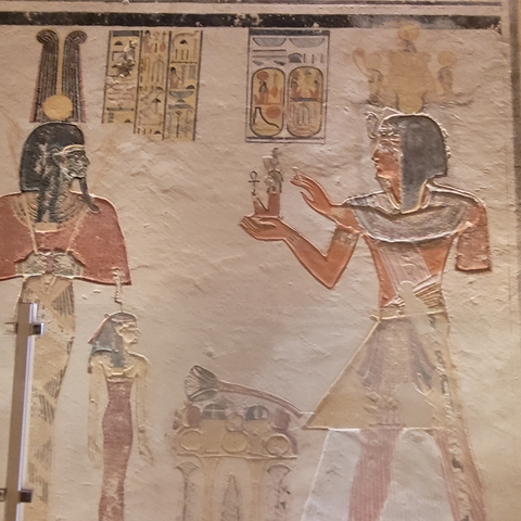 Ancient Egyptian wall carvings and paintings.