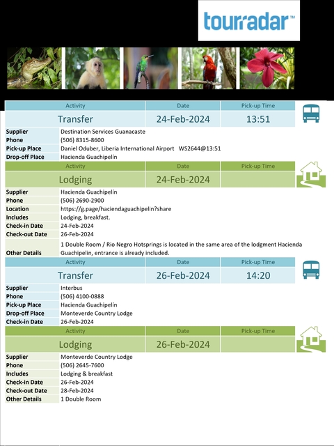       Travel itinerary details showing trip plans and timing.
  