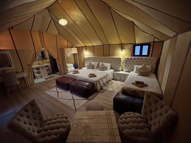 Luxurious tent interior with beds