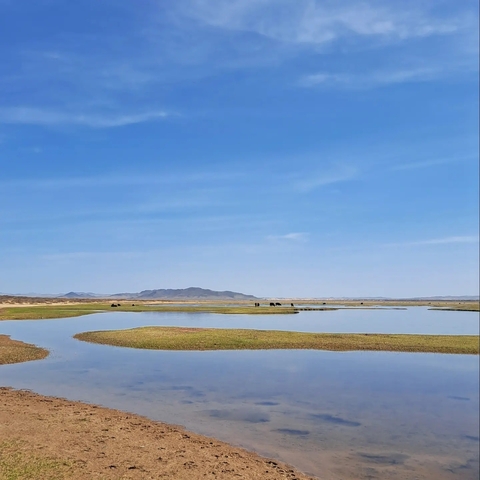 Vast landscape with a body of water and distant hills under a blue sky.