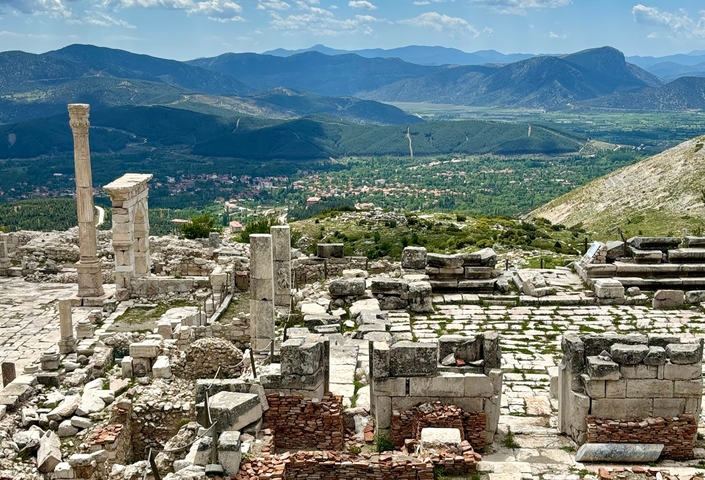       Ruined ancient city with mountains in the background.
  