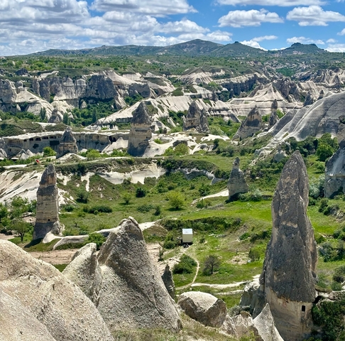       Unique rock formations and green vegetation.
  