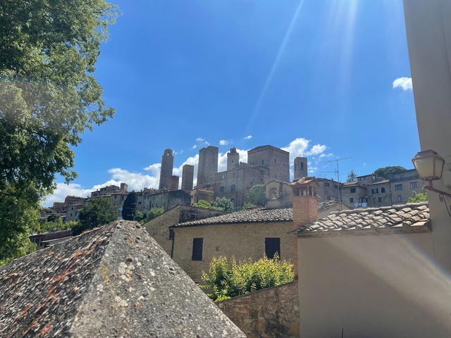 Skyline featuring towers and medieval structures.
