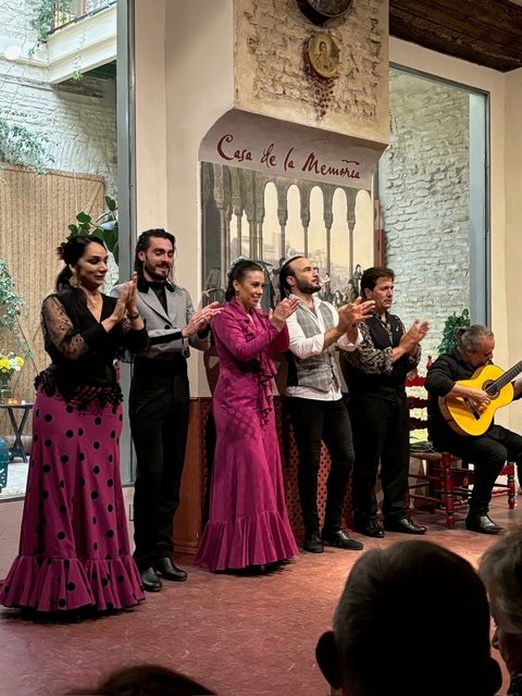 Group of performers and audience in a flamenco show.