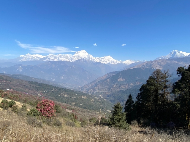 Panoramic view of snowy mountains with a valley below.