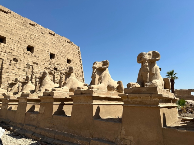       Ancient stone statues lined up against a temple wall.
  
