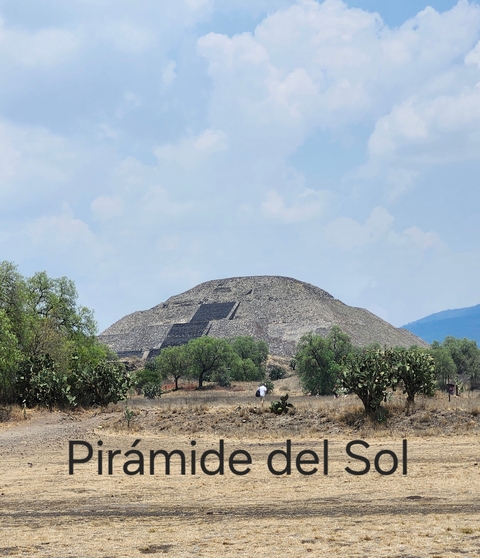 Distant view of an ancient pyramid amidst cacti.