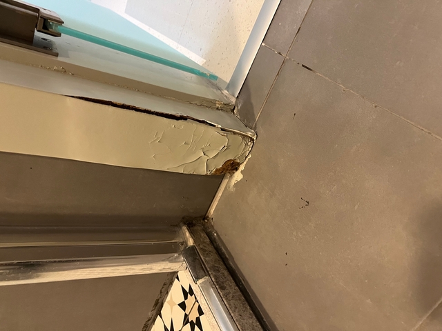       Damaged corner of a shower area with peeling paint.
  