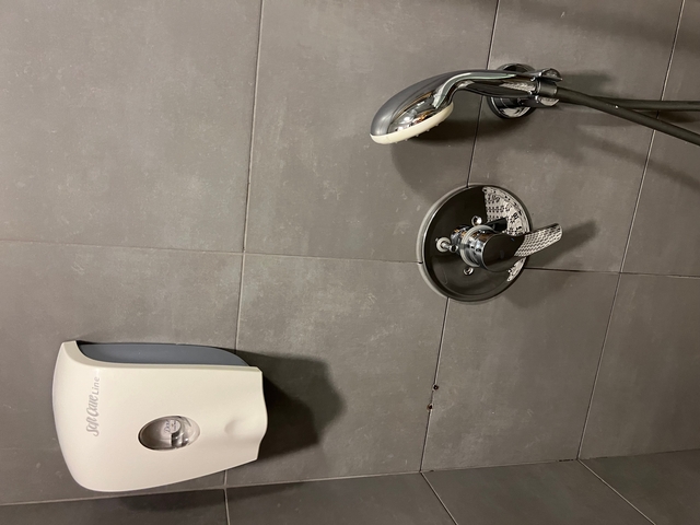       Shower and soap dispenser in a bathroom.
  