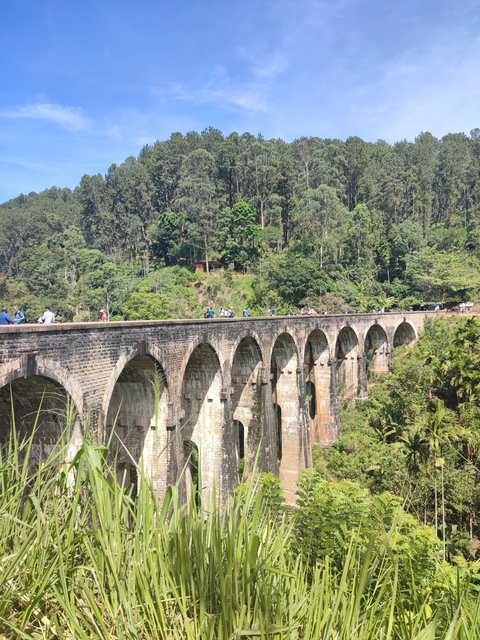 Nine Arch Bridge with people walking on it surrounded by greenery.