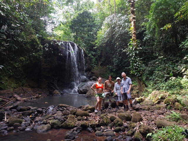 People standing in front of a waterfall in a lush green forest.