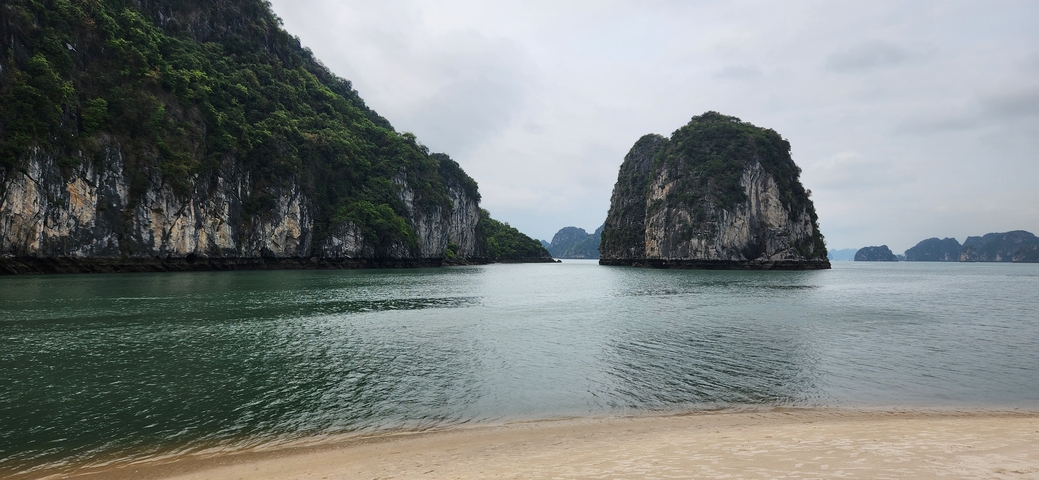 Scenic beach with water, trees, and rocky cliffs.