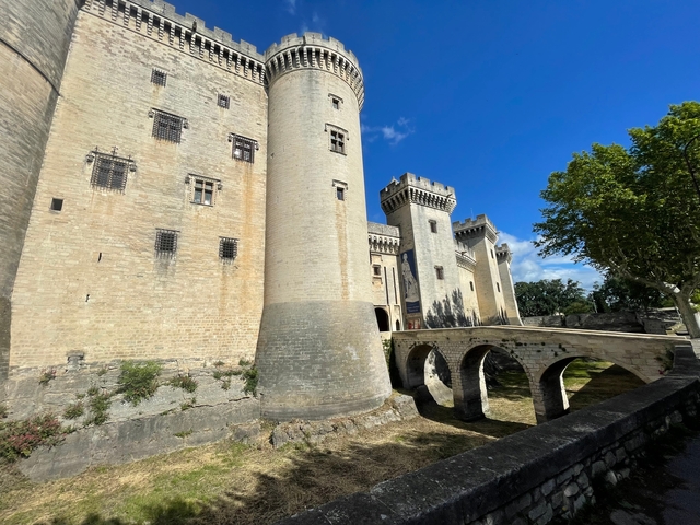       Large stone castle with towers and an arched bridge.
  