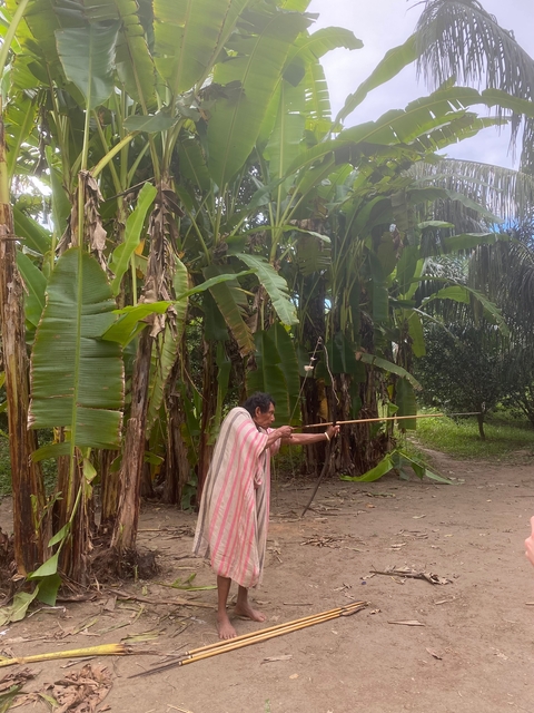       Person demonstrating a traditional hunting technique in a forest.
  