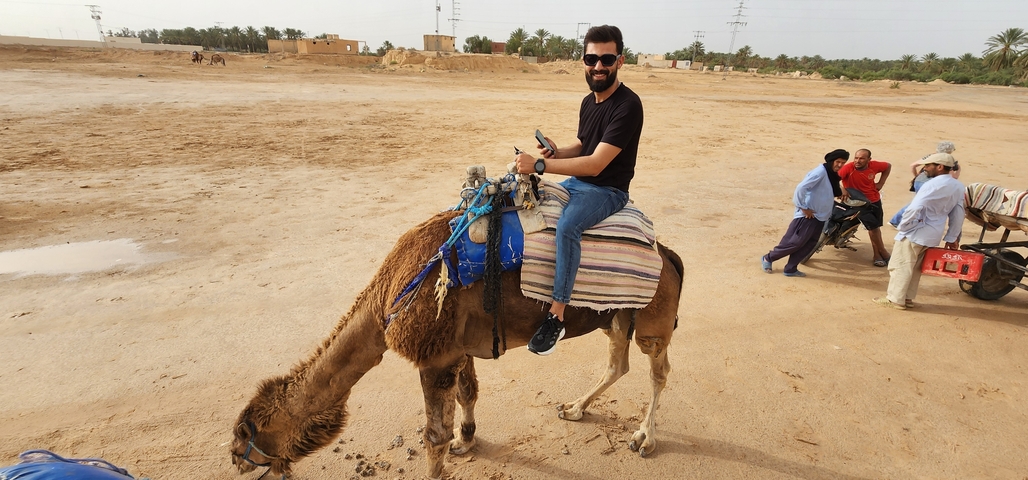 Person riding a camel in a desert area.