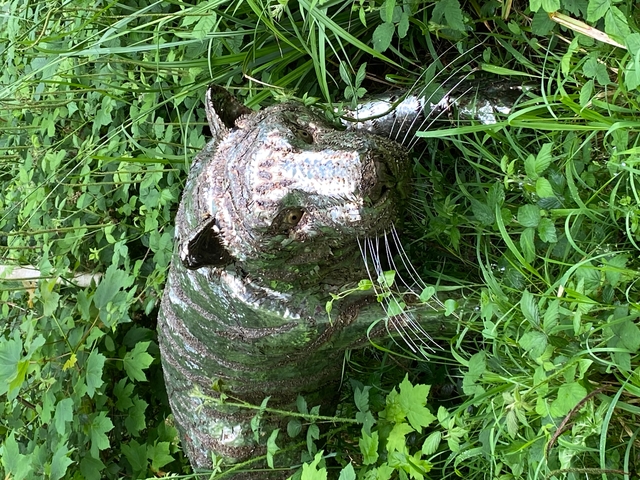 Statue of a tiger camouflaged in greenery